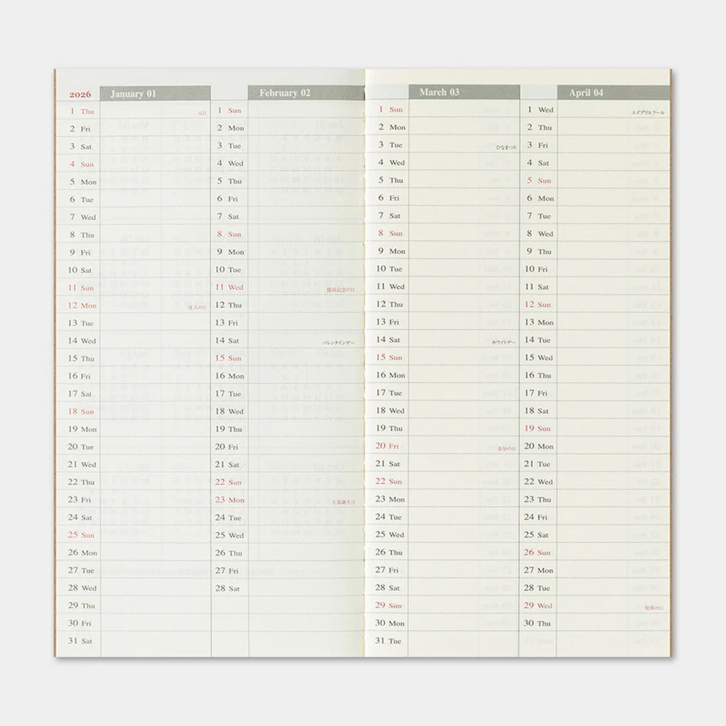 Traveler's Company 2026 - Weekly Diary Vertical Refill Regular